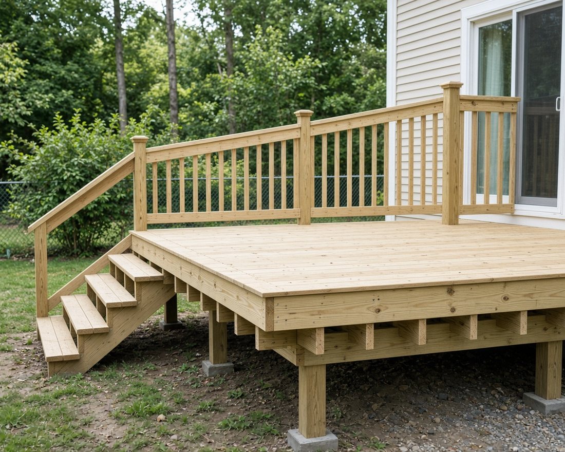 Raised wooden deck behind a house