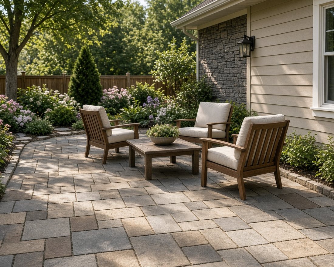 Patio seating area beside a home